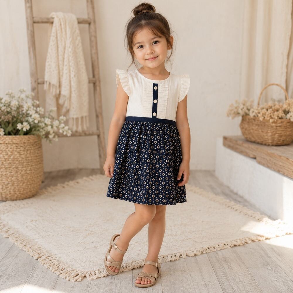 Janie & Jack Navy Gold Ivory Pleated Front Dress 18 to 24 Months